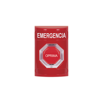 Botón de Emergencia, Texto en Español, Color Rojo, Acción Mantenida, Girar para Restablecer y LED Multicolor