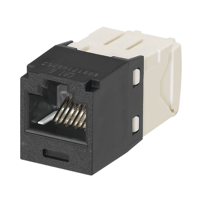 Acercamiento al Conector Jack RJ45 Estilo TG, Mini-Com, Categoría 6, de 8 posiciones y 8 cables, Color Negro