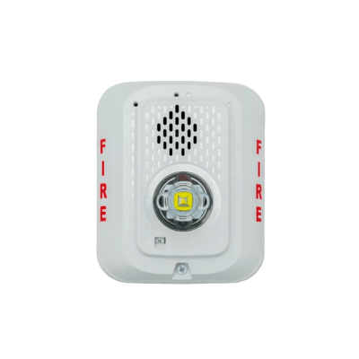 Sirena con Lámpara LED Estroboscópica / a 2 Hilos / Montaje en Pared / 24 Vcd / Configuración Estroboscópica Seleccionable / Texto en Inglés / Color Blanca 