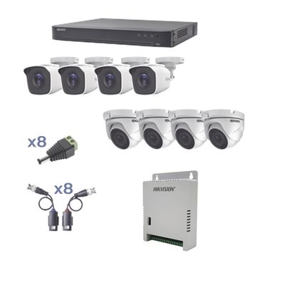 KIT TurboHD 1080p / DVR 8 Canales / 4 Cámaras Bala (exterior 2.8 mm) / 4 Cámaras Eyeball (exterior 2.8 mm) / Transceptores / Conectores / Fuente de Poder Profesional hasta 15 Vcc para Largas Distancia