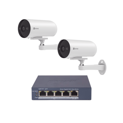 Kit de cámaras WiFi Para Uso en Exterior / PoE Estandar Af / 2 piezas CS-H5/3MP/ 1 Pieza de Switch DS-3E1505P-EI/M / Vision Nocturna a Color / IP67 / Audio Bidireccional / Luz y Sirena / 4 Puertos 100