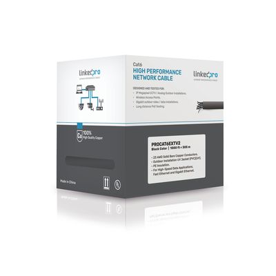 Bobina de cable de 305 Metros Cat6+ CALIBRE 23 Exterior Blindado tipo FTP para CLIMAS EXTREMOS, UL, color Negro (Carrete Easy Pull)