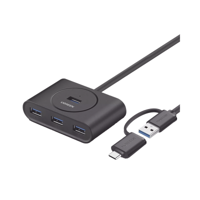 HUB USB-A y C 3.0 4 en 1 | Con Conector USB-C y USB-A | 4 Puertos USB-A 3.0 (5Gbps) | Cable de 25cm | Indicador Led | Ideal para Transferencia de Datos | Entrada Micro USB para alimentar equipos de ma