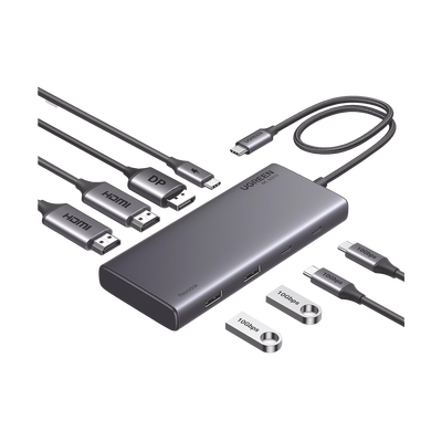 HUB USB-C (Docking Revodok 308) 8 en 1 | 2 Puertos HDMI 4K@60Hz | 1 Puerto DisplayPort 4K@60Hz 2 USB-A 10Gbps) | 2 USB-C (10Gbps) | USB-C PD Carga 100W | Chip de Ultima Generacion | Carcasa de Alumini