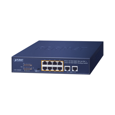 Switch de Escritorio No Administrable / 8 Puertos 10/100/1000T PoE+ 802.3at / 2 Puertos Uplink 10/100/1000T / Presupuesto PoE 120 Watts / Modos Estándar, VLAN y Extend / Distancia Extendida 250 mts / 