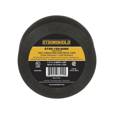 Cinta Eléctrica STRONGHOLD para Aislar, de PVC, Trabajo Pesado Eléctrico Industrial (Soporta UV, abrasión, agua, aceite y corrosión), Grosor de 0.21 mm (8.5 mil), Ancho de 38 mm, y 20 m de Largo, Uso 
