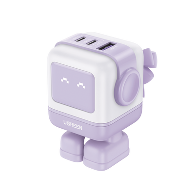 Cargador RobotGaN de 65W Serie UNO | 3 Puertos de Carga Rápida | 2 USB-C | 1 USB-A | PD 3.0 | QC 4.0 | Carga Inteligente | Tecnología GaN II | Zapato Magnético Extraíble | Carcasa Ignifuga | Pantalla 