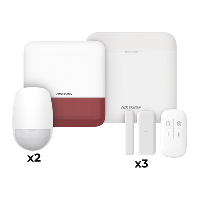 (AX PRO) KIT de Alarma AX PRO con GSM (3G/4G) / Incluye: 1 Hub con bateria de respaldo / 2 Sensores PIR / 3 Contactos Magnéticos mini / 1 Control Remoto / 1 Sirena estrobo Roja Inalambrica Exterior  /
