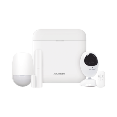(AX PRO) KIT de Alarma AX PRO con GSM (3G/4G) / Incluye: 1 Hub con bateria de respaldo / 1 Sensor PIR / 1 Contacto Magnético / 1 Control Remoto / 1 Cámara IP / Wi-Fi / Compatible con Hik-Connect P2P /