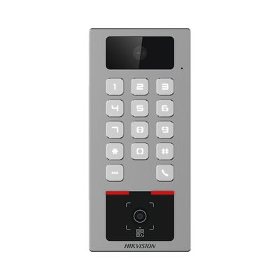 Teclado con Lector Físico de QRs para Exterior Antivandálico IP65 &amp; IK09 con función de Videoportero Multiapartamento / Tarjeta, Código QR, PIN o App HikConnect  / Cámara 2 MP compatible con NVRs / So