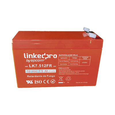Batería 12 V / 7.5 Ah / UL / Tecnología AGM / Vida útil promedio de 5 años / Retardante a la Flama / Para equipo electrónico, Alarmas de Intrusión / Incendio/ Control de acceso / Video Vigilancia / In