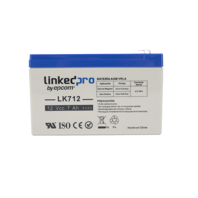 Batería 12 V / 7 Ah / UL / Tecnología AGM / Vida útil promedio 5 años / Uso en equipo electrónico, Alarmas de Intrusión / Incendio / Control de acceso / Video Vigilancia / Terminales F1 ( Incluye adap