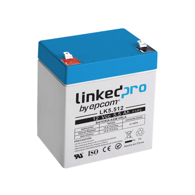 Batería 12 V / 5.5 Ah / UL / Vida útil promedio 5 años / Tecnología AGM / Para uso en equipo electrónico, Alarmas de Intrusión / Incendio/ Control de acceso / Video Vigilancia / Terminales F1 ( Incluy
