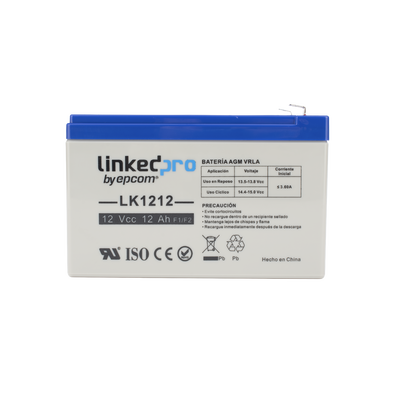 Batería 12 V / 12 Ah / UL / Tecnología AGM / Vida útil promedio de 5 años / Uso en equipo electrónico / Intrusión / Incendio/ Control de acceso / Video Vigilancia / Terminales F1 ( Incluye adaptador F