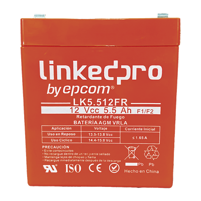 Batería 12 V / 5.5 Ah / UL / Tecnología AGM / Vida útil promedio de 5 años / Retardante a la Flama / Para uso en equipo electrónico, Alarmas de Intrusión / Incendio/ Control de acceso / Video Vigilanc