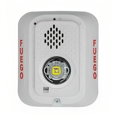 Sirena con Lámpara LED Estroboscópica / a 2 Hilos / Montaje en Pared / 24 Vcd / Configuración Estroboscópica Seleccionable / Texto en Español / Color Blanca 