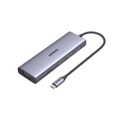 HUB USB-C (Docking Station) 9 en 1 | 3 USB-A 3.0 | USB-C PD Carga 100W | HDMI 4K@30Hz | RJ45 (Gigabit Ethernet) | VGA | Lector Tarjetas SD + Micro SD (TF) Uso Simultáneo | Chip de Última Generación | 