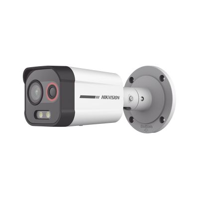 Bala IP Dual / Térmica 2.6 mm (96 x 72) / Óptico 6 mm (4 Megapixel) / Detección de Intrusión por VCA 30 mts /30 mts Luz Blanca / Exterior IP67 / PoE / Sirena y Luz Intermitente Integrada / Micro SD / 