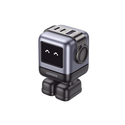 Cargador RobotGaN de 65W Serie UNO | 3 Puertos de Carga Rápida | 2 USB-C | 1 USB-A | PD 3.0 | QC 4.0 | Carga Inteligente | Tecnología GaN II | Zapato Magnético Extraíble | Carcasa Ignifuga | Pantalla 