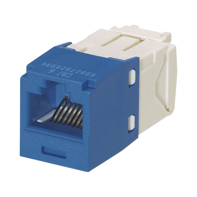 Acercamiento del conector Jack RJ45 Estilo TG, Mini-Com, Categoría 6, de 8 posiciones y 8 cables, Color Azul