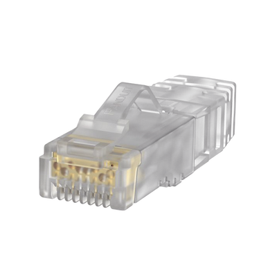 Fotografía con acercamiento del Plug RJ45 Cat6A, Para Cable UTP de Calibre 23-24 AWG, Chapado en Oro de 50 micras, Paquete de