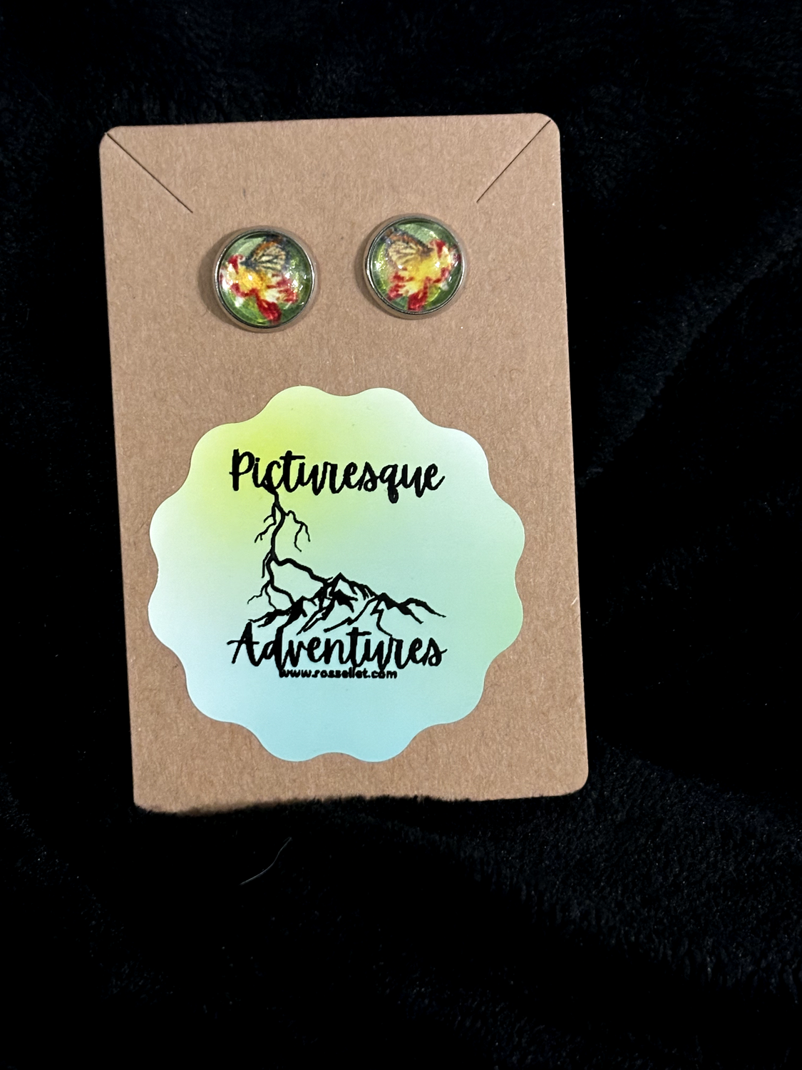 Stud Earrings: Red &amp; Yellow Flower with Butterfly