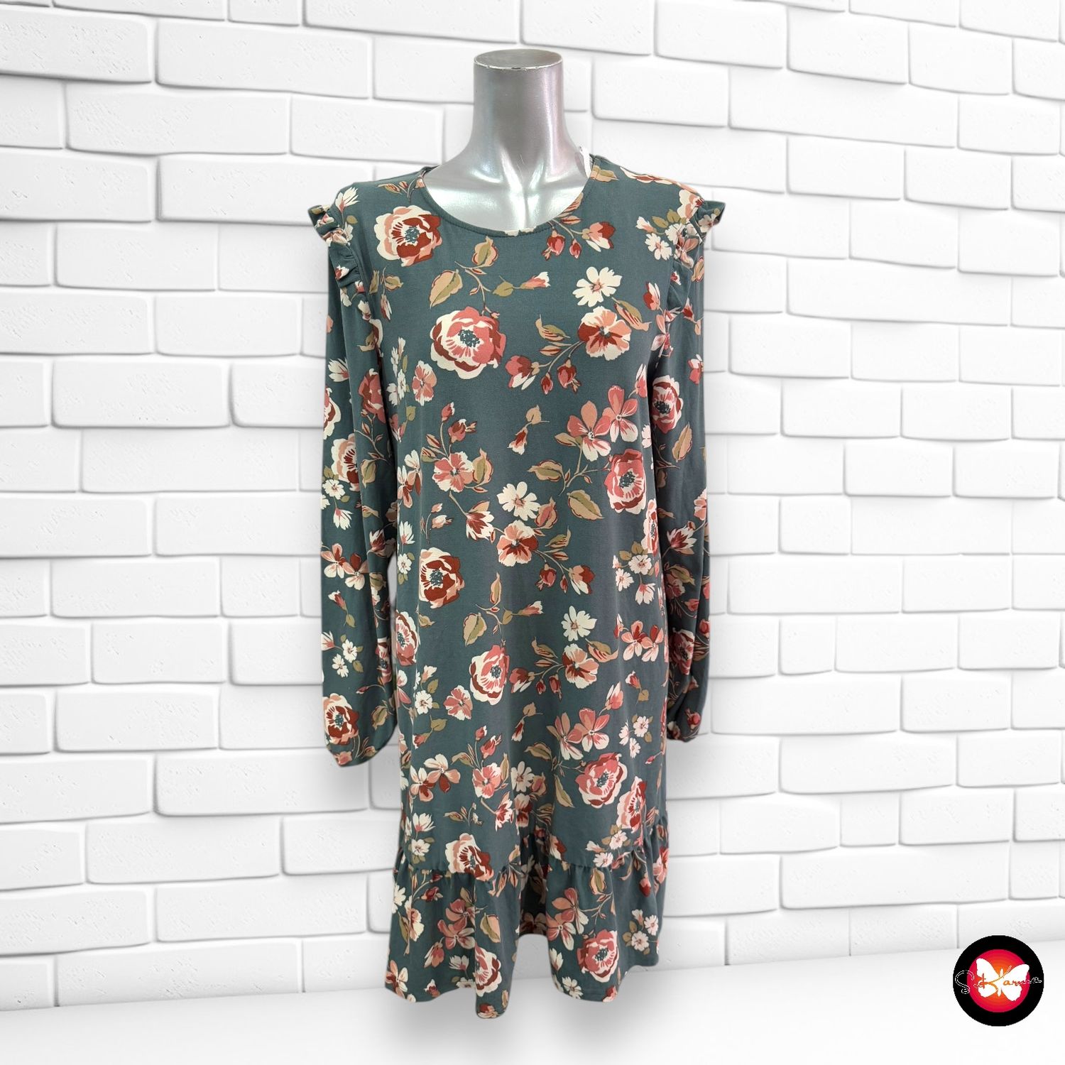 Vestido de manga larga con volantito y flores PRIMARK Talla 40