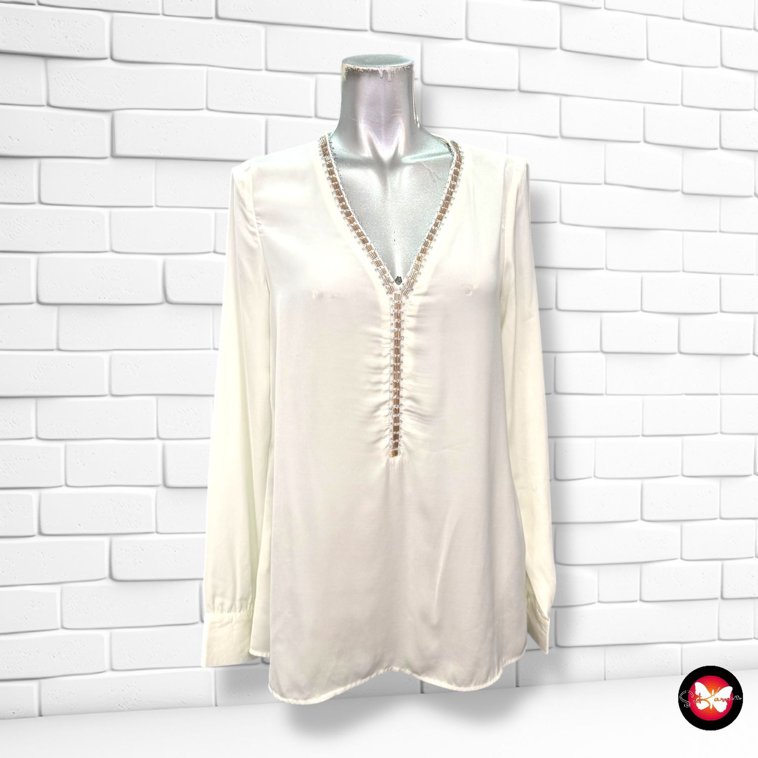 Blusa básica blanca con canutillos PROMOD Talla 36