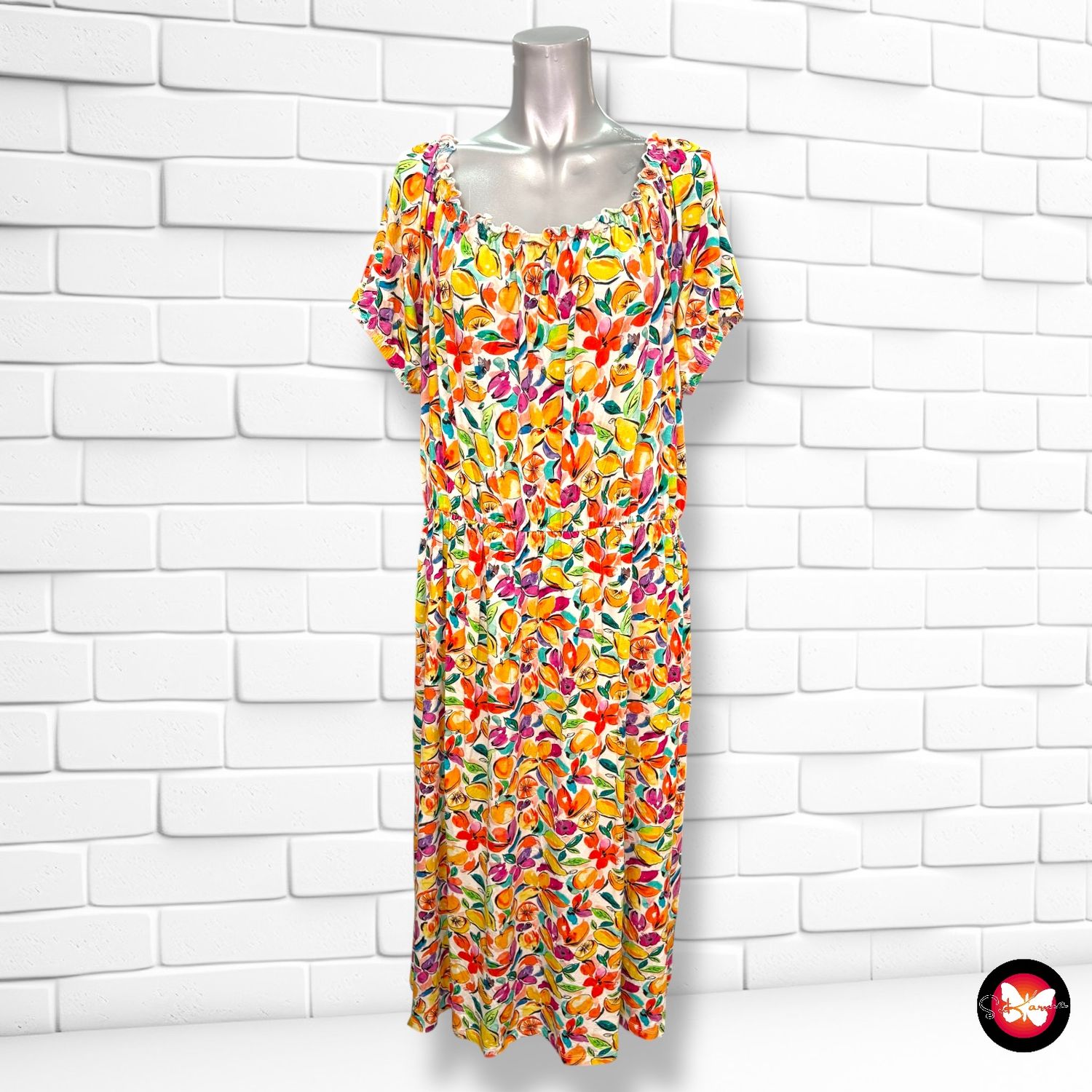 **HOY** Vestido escote barco estampado frutas TU Talla 46 (18UK) (grande)