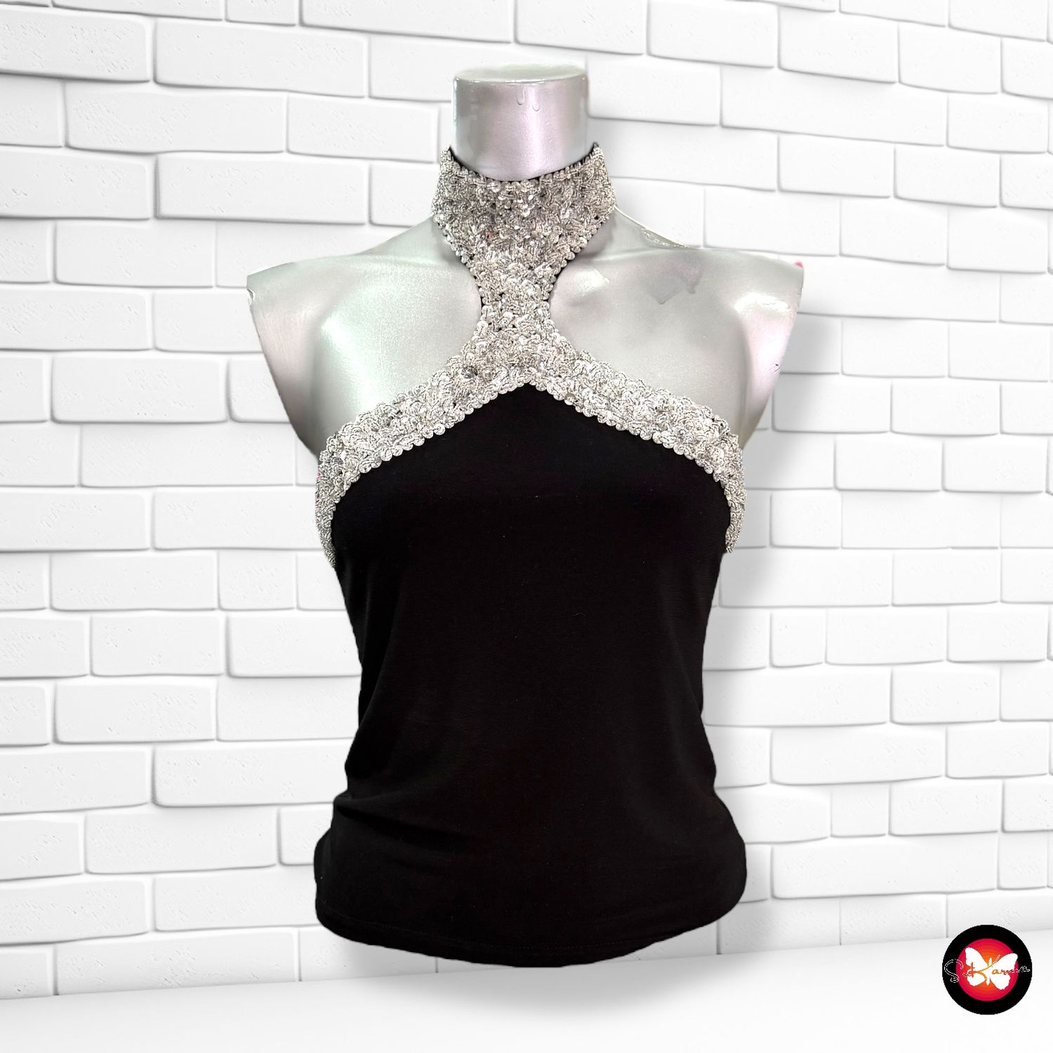 Blusa de noche escote halter con lentejuelas Talla S