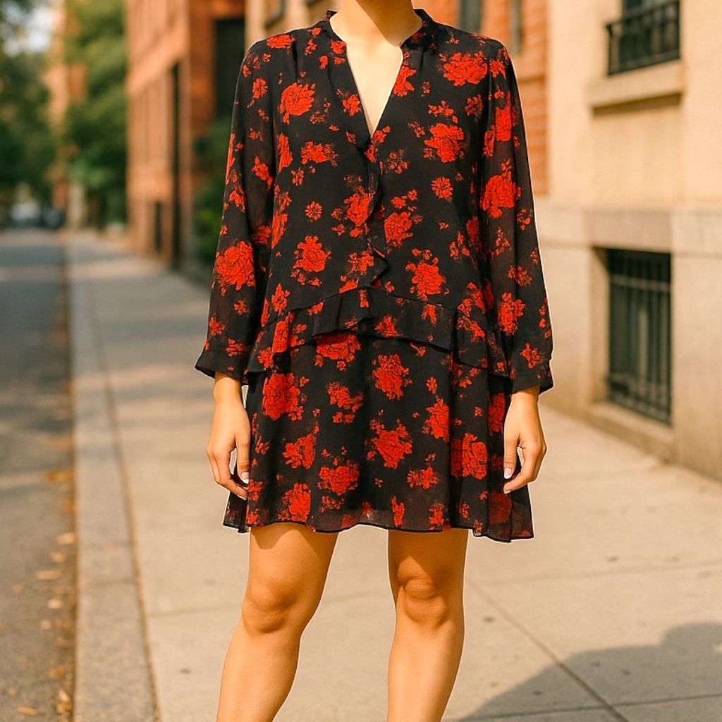 Vestido de manga larga de gasa con flores ZARA Talla L