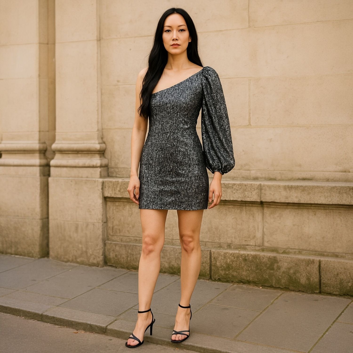 Vestido de noche con lentejuelas y escote asimétrico Talla S