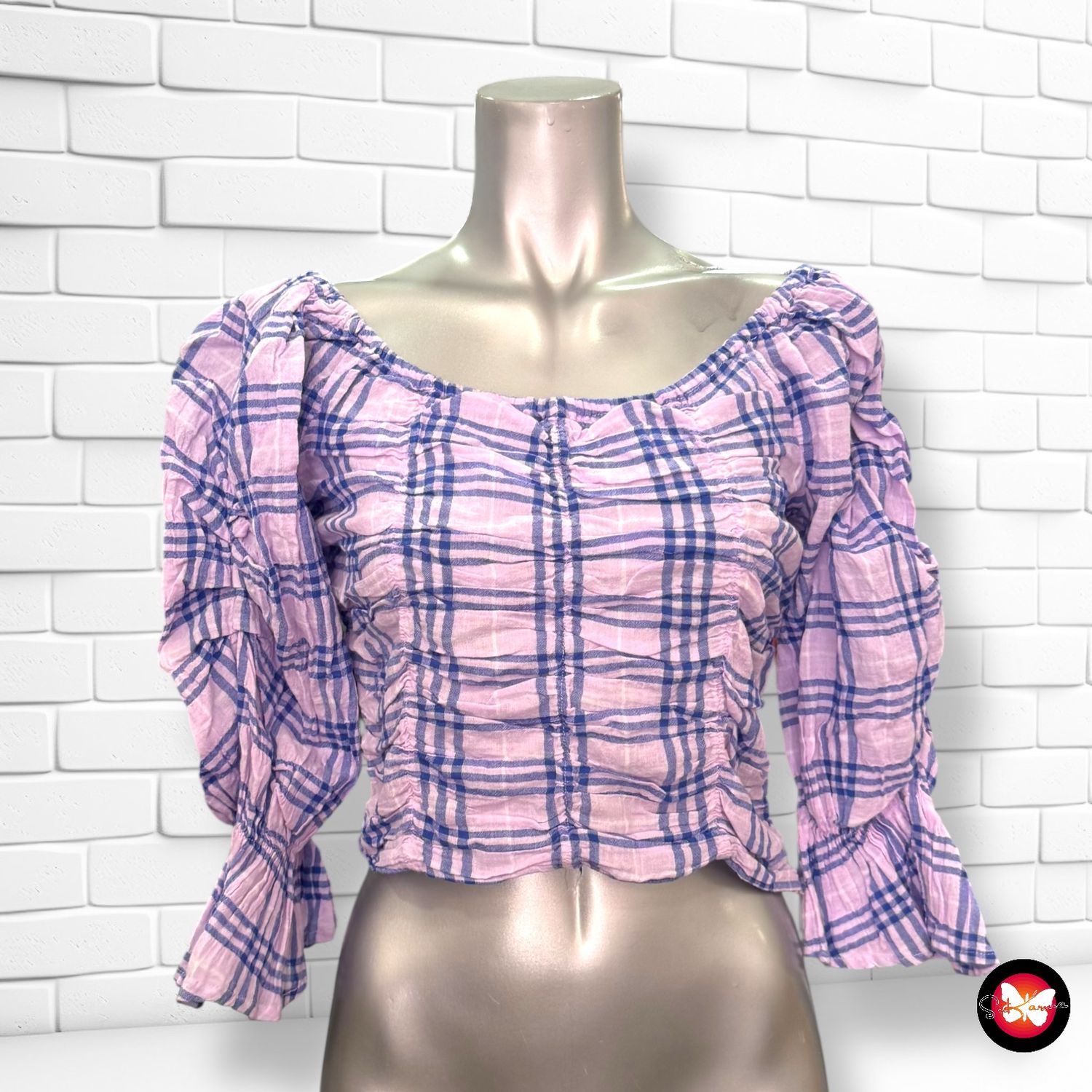 Blusa cropped escote barco de cuadros ZARA Talla S