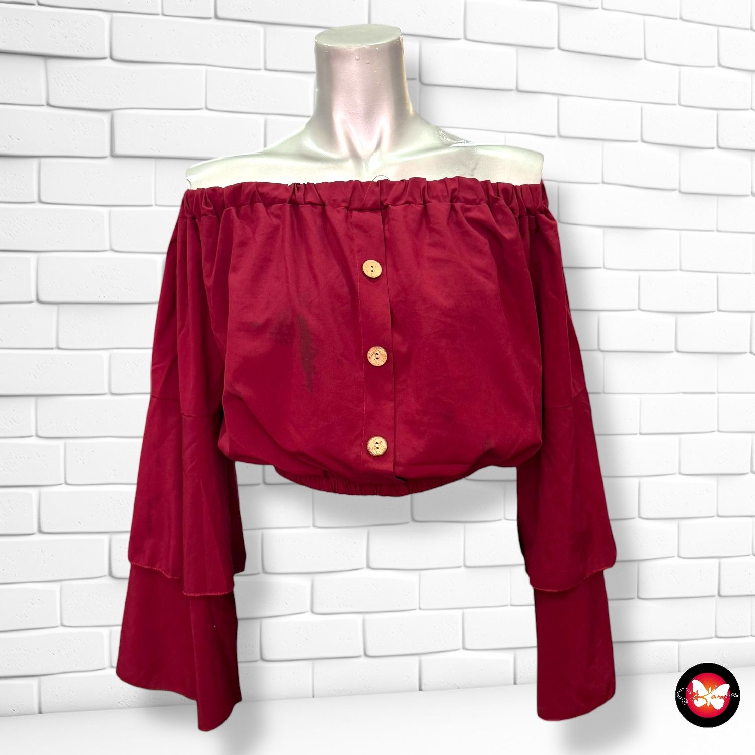**HOY** Blusa cropped escote barco con mangas campana Talla Única