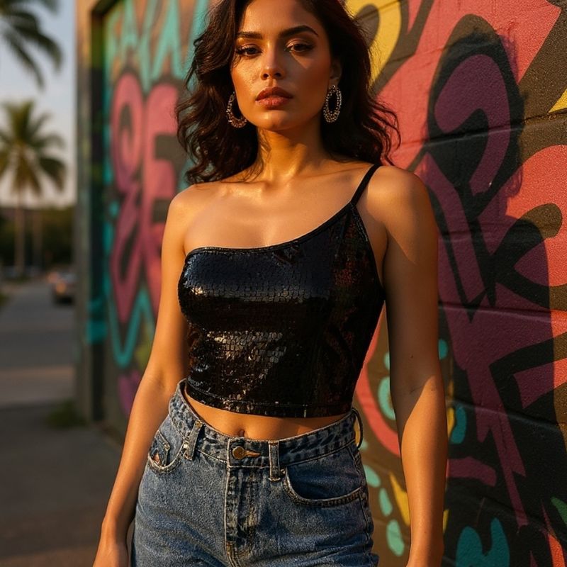 Blusa cropped de noche escote asimétrico SHEIN Talla S