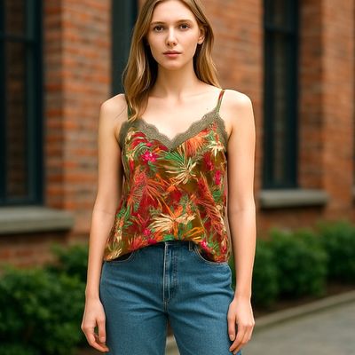 Blusa de tirantes estampada con encaje JEAN PASCALE Talla 40