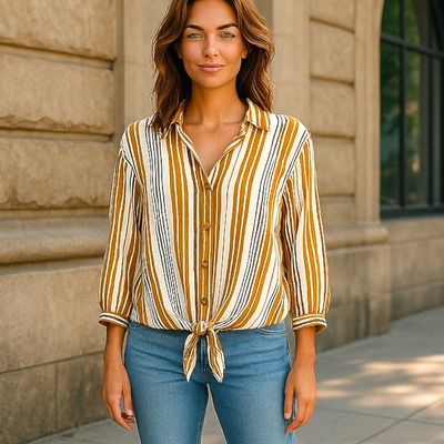Camisa de rayitas de media manga con lazo PRIMARK Talla 42