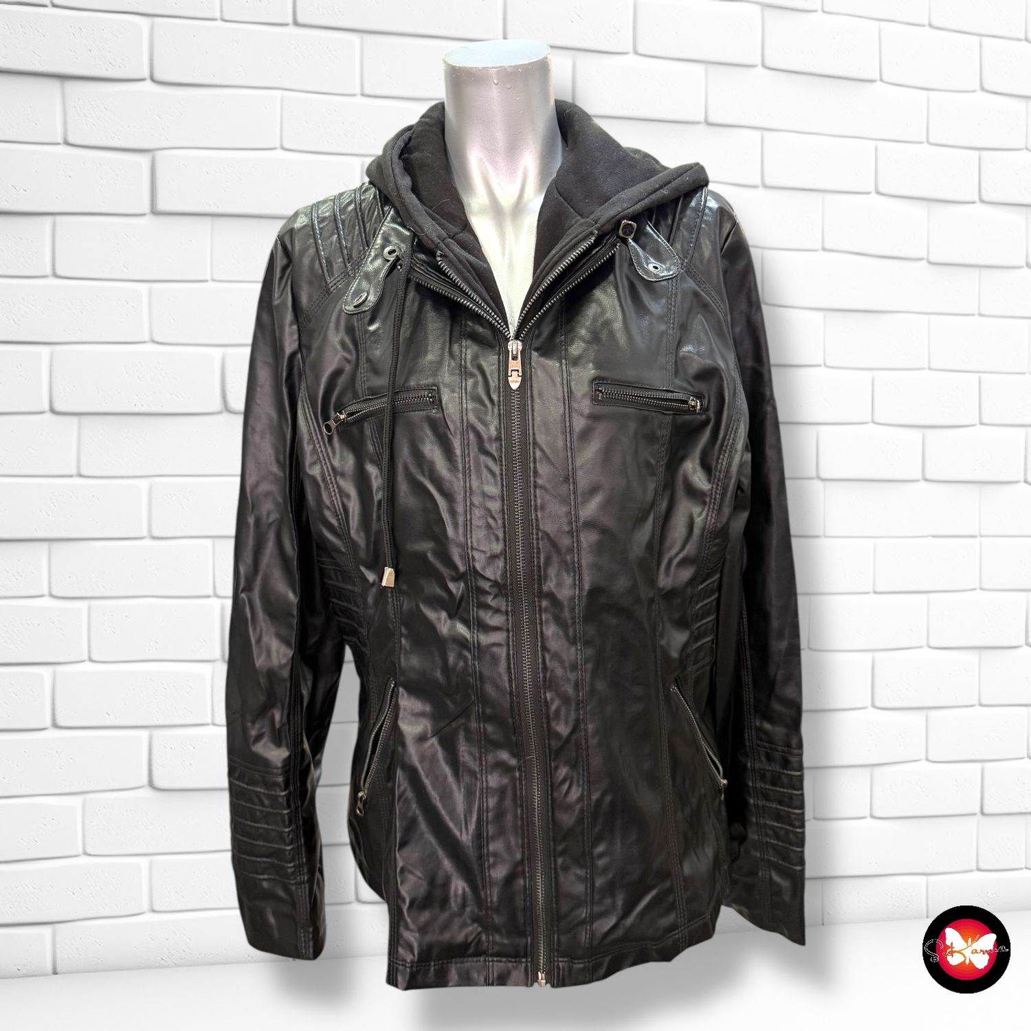 Cazadora de piel sintética con capucha de sudadera Talla XL (pequeña)