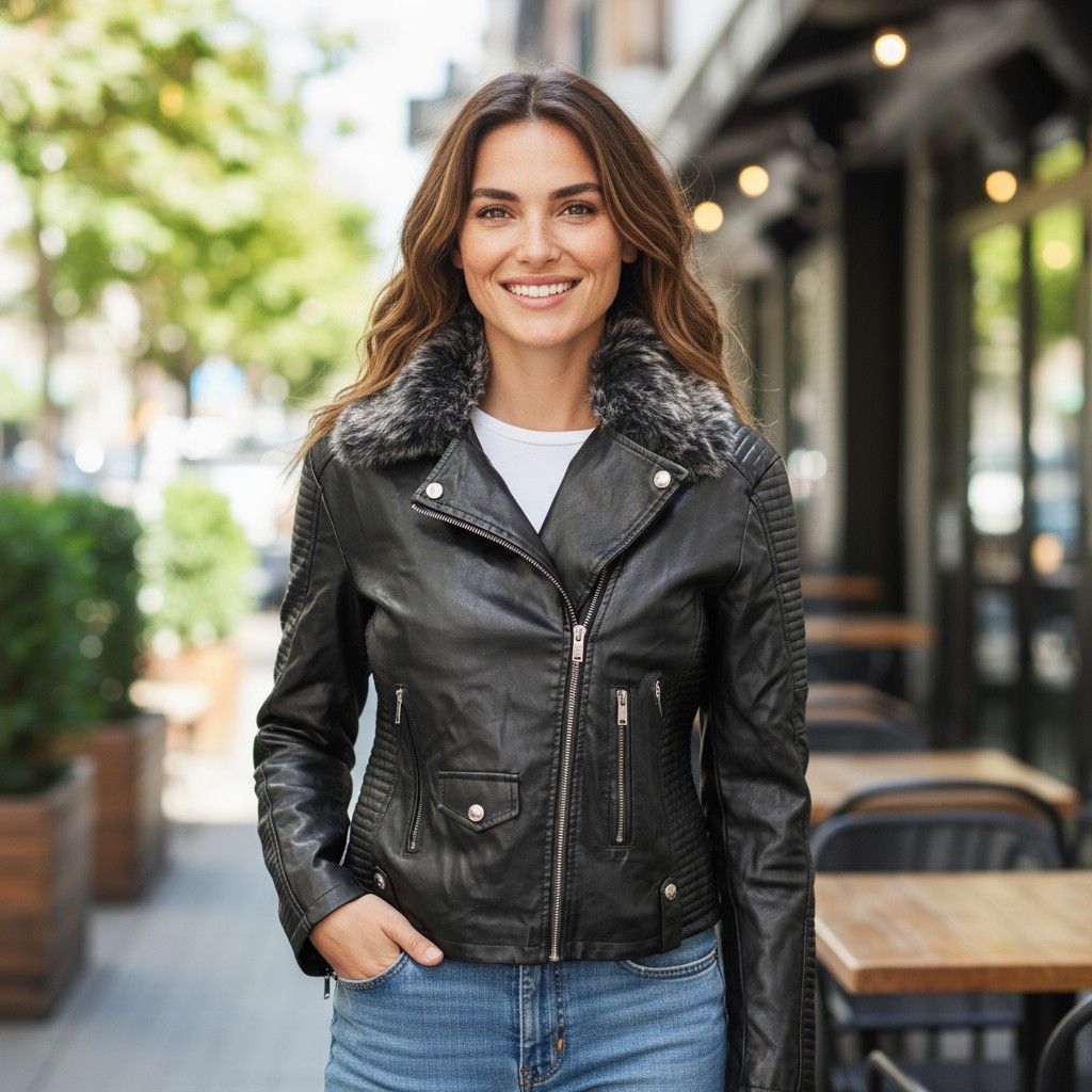 Cazadora biker de piel sintética con pelo Talla XL (pequeña)
