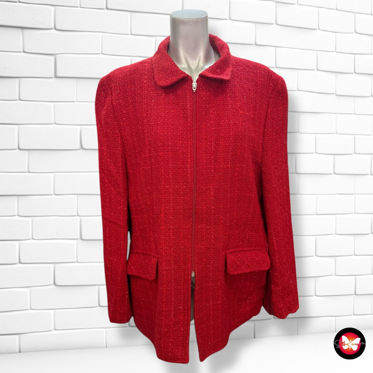 Chaqueta tipo tweed con brillo y piel sintética Talla 46