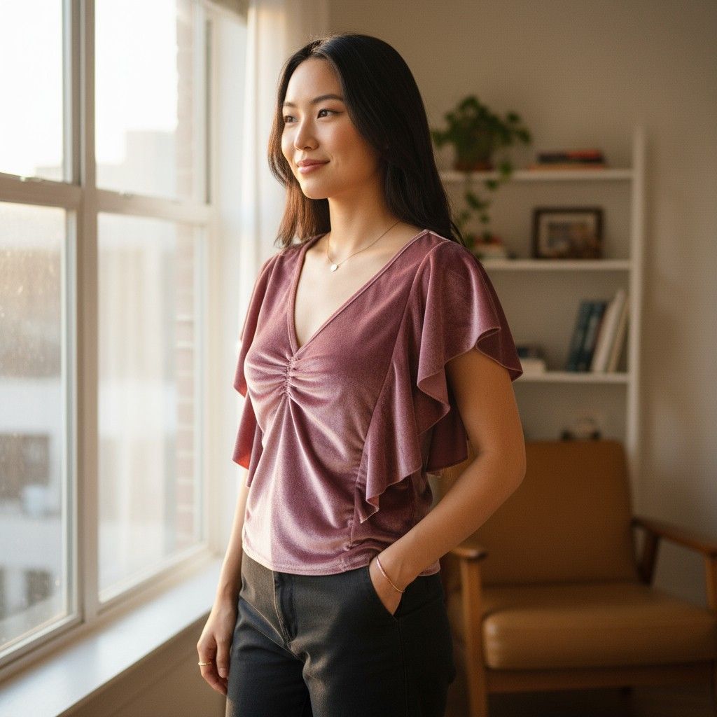 Blusa de terciopelo de mangas de volante STRADIVARIUS Talla L