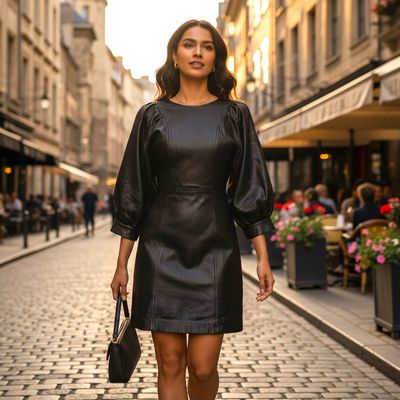 Vestido de piel sintética con mangas abullonadas BERSHKA Talla XS