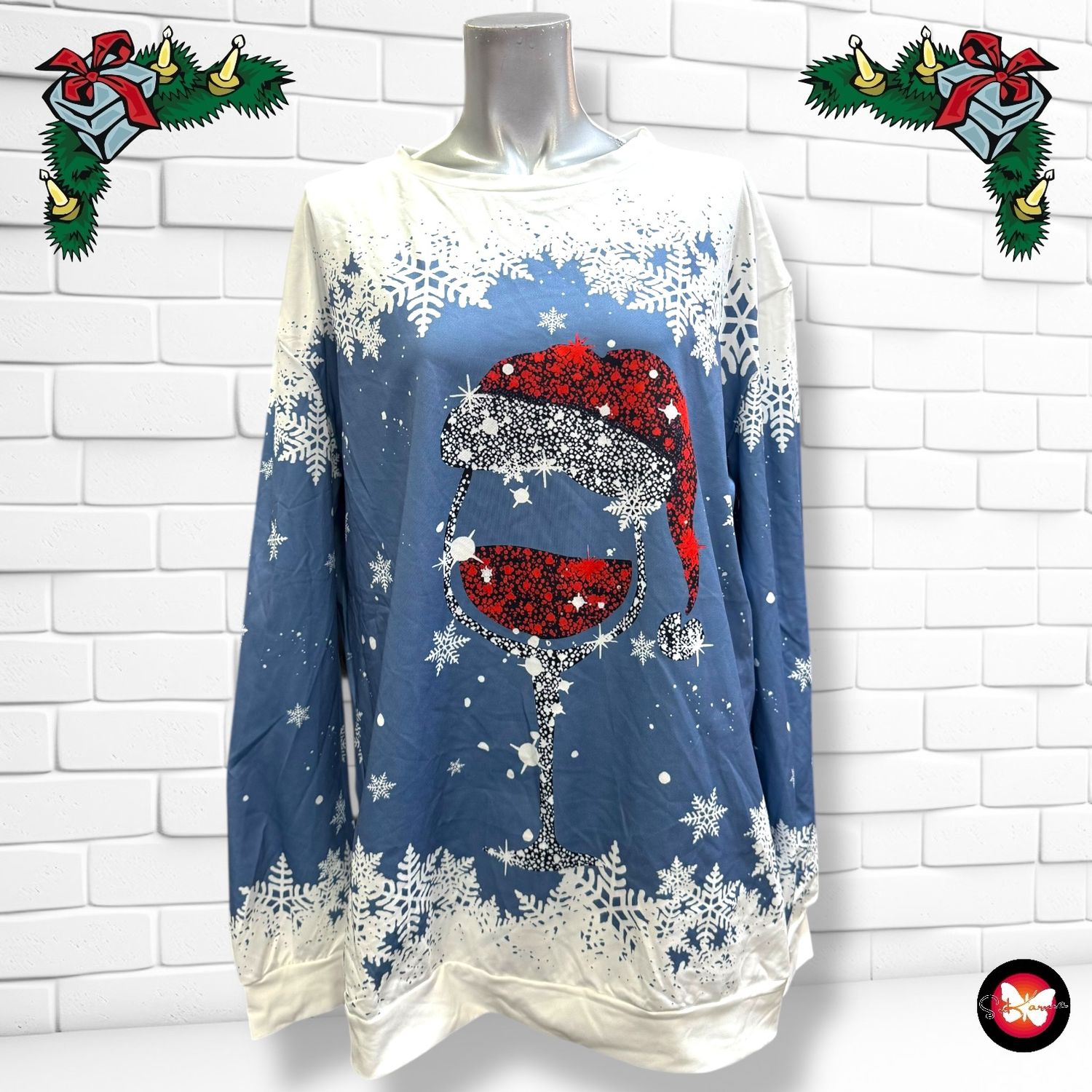 **HOY** Sudadera Navideña “COPA DE VINO CON GORRO” Talla L