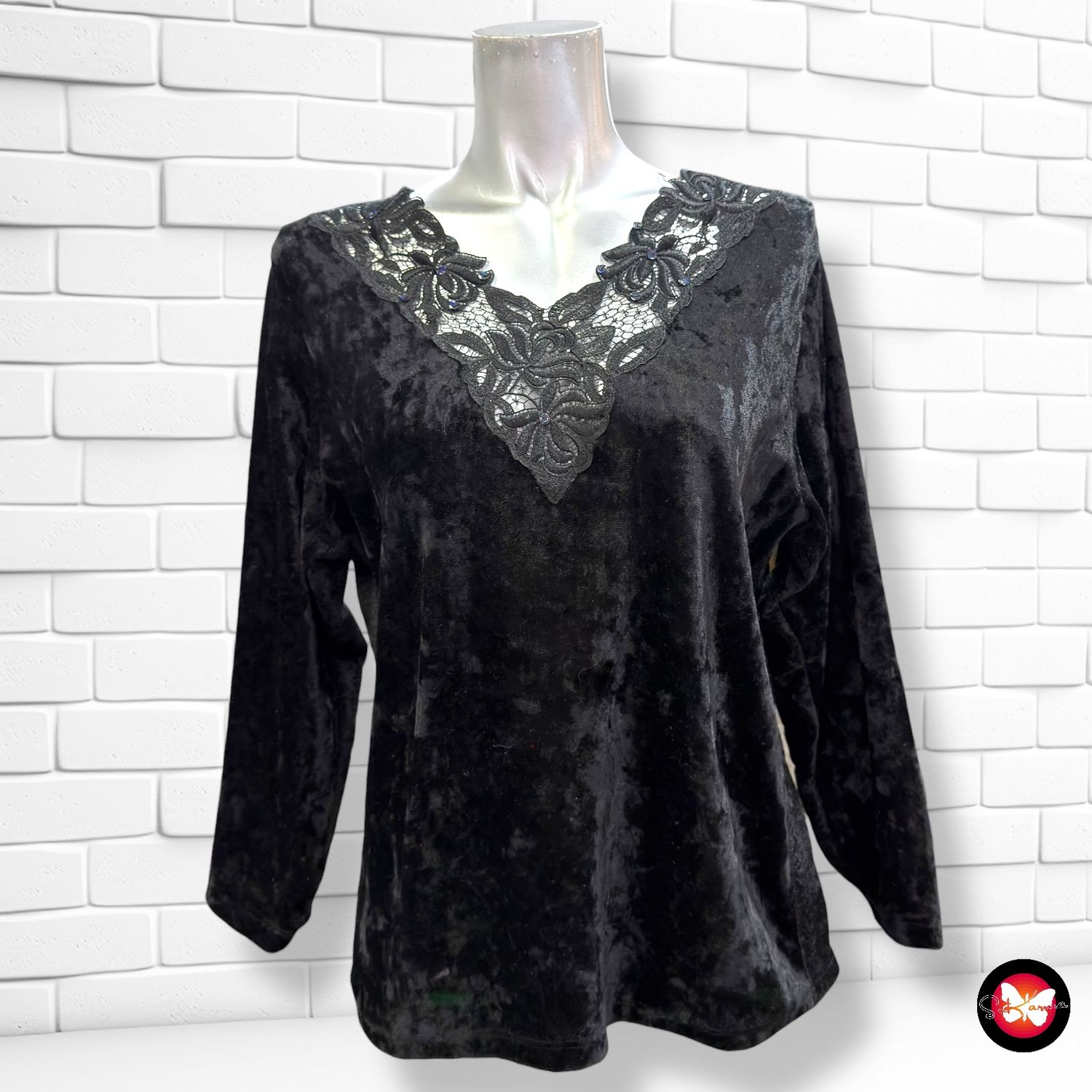 **HOY** Blusa de noche de terciopelo con encaje Talla L