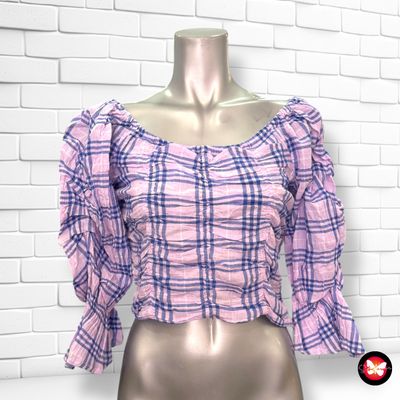 Blusa cropped escote barco de cuadros ZARA Talla S