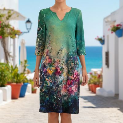 Vestido verde media manga con flores Talla M
