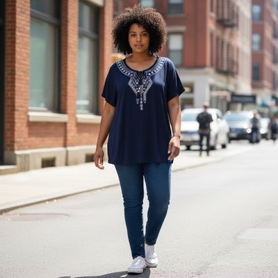 Camiseta de manga corta con bordados CANDA color Azul marino Talla L