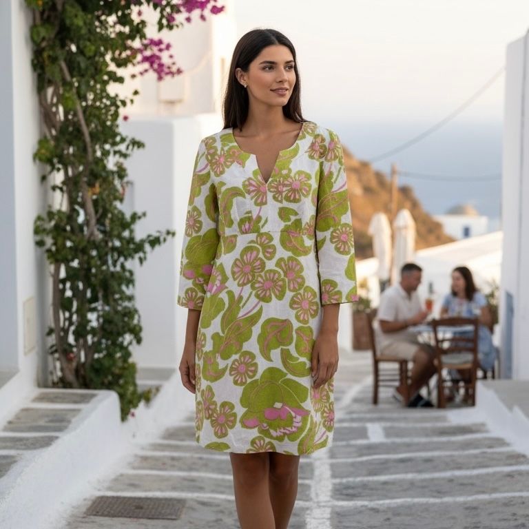 Vestido de lino BODEN color Crema, verde y rosa Talla 36