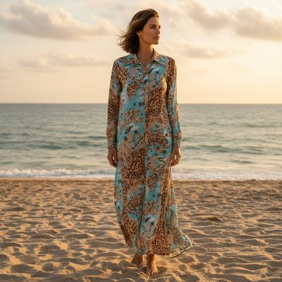 Vestido largo camisero FLAMENCO ROSA color Turquesa y marrón Talla L