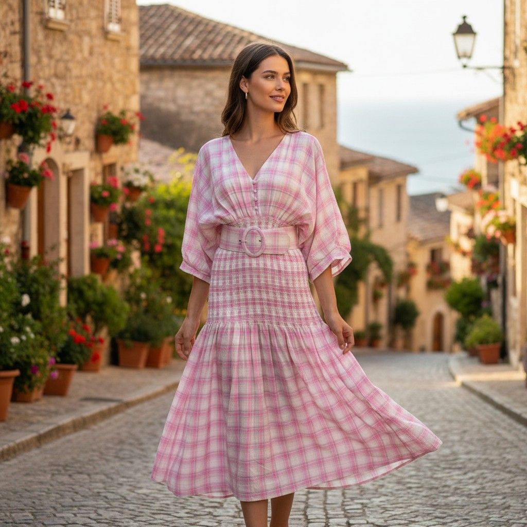 Vestido largo de cuadros NICHOLAS color Rosa y crema Talla 42